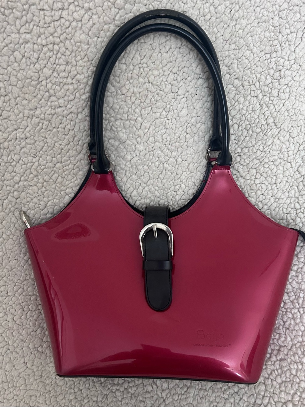 Patent Leather Shoulder Bag in Magenta with Black Trim